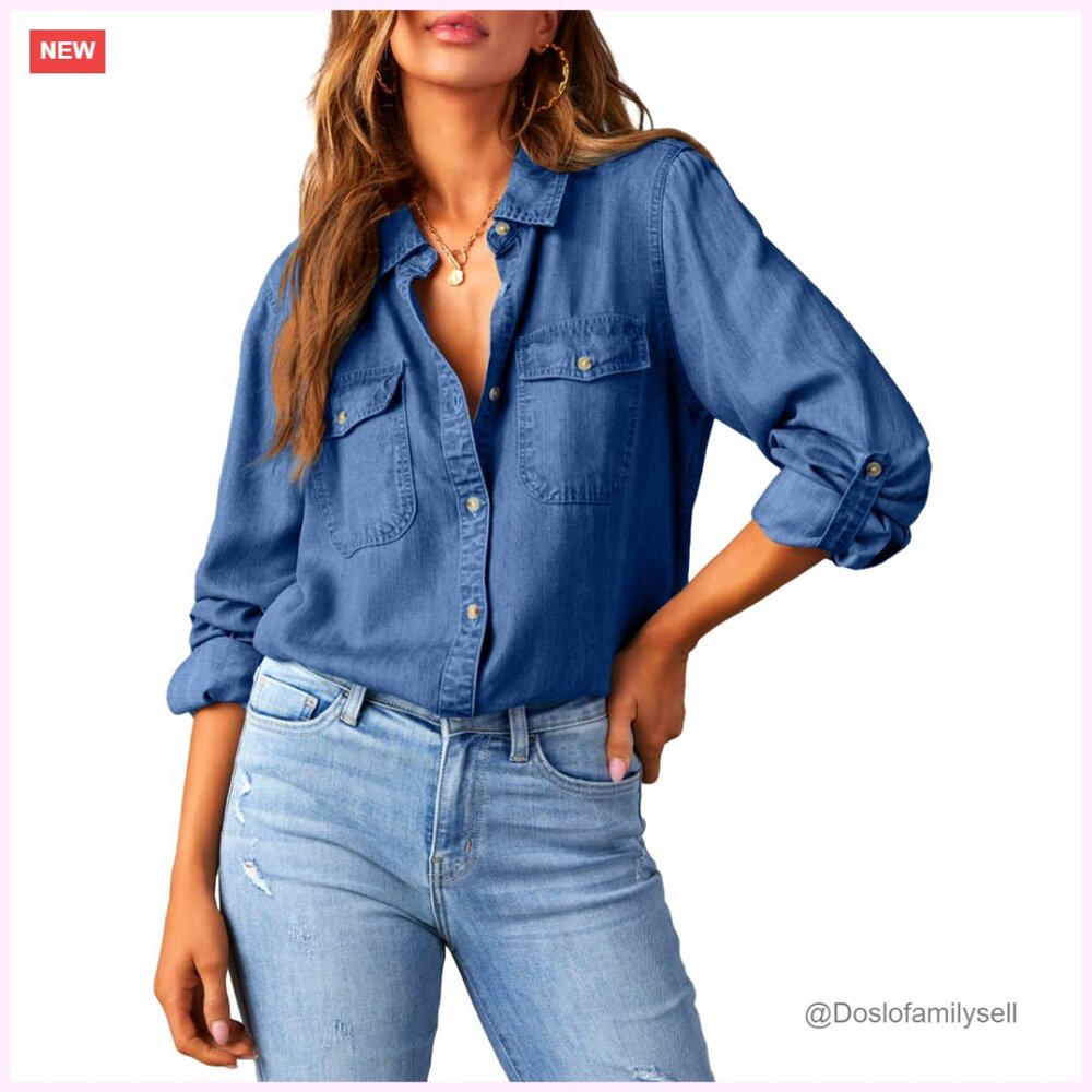Denim Button Down Shirt Long Sleeve V Neck Casual Blouse Top